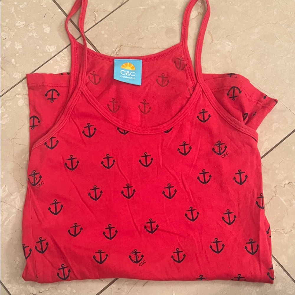 C&C California Vintage Red Tank with Blue Anchor Design